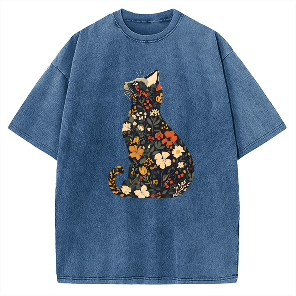 Unisex Flower Cat Printed Washed Tee