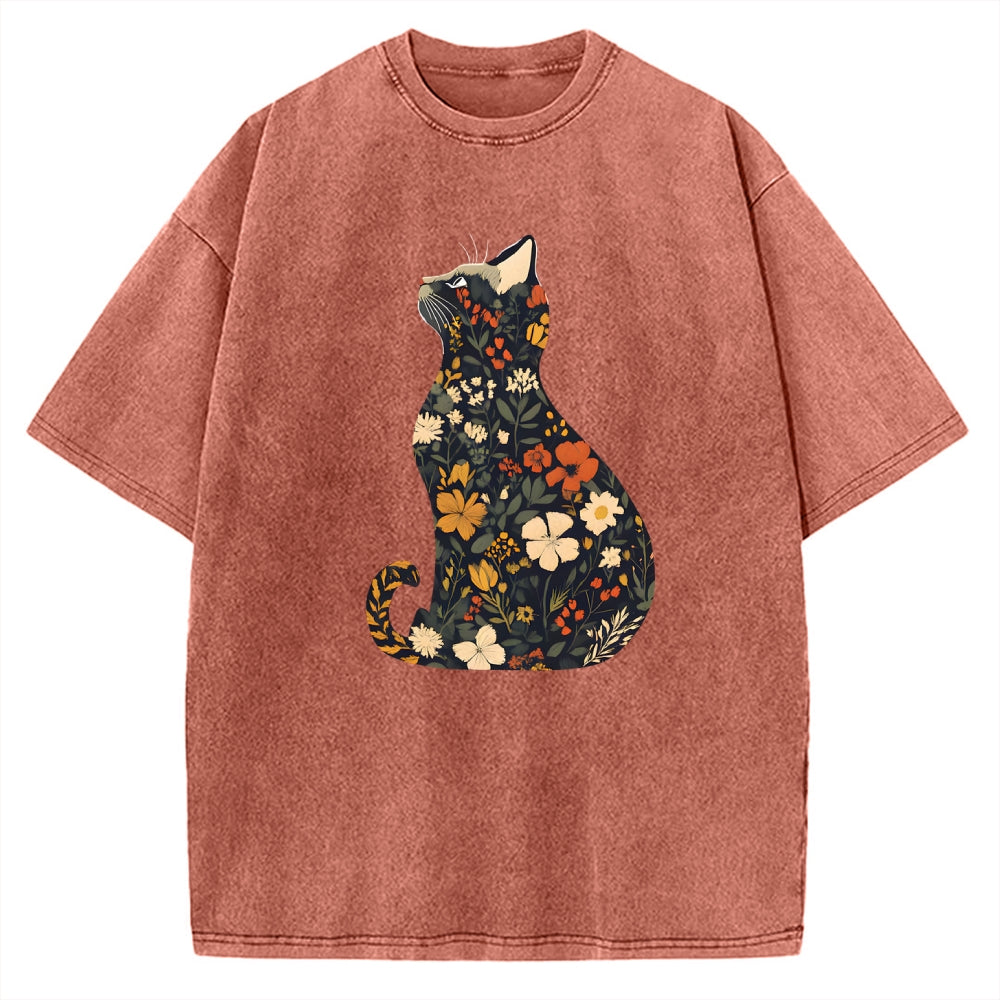 Unisex Flower Cat Printed Washed Tee