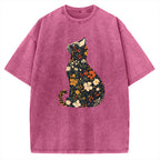 Unisex Flower Cat Printed Washed Tee