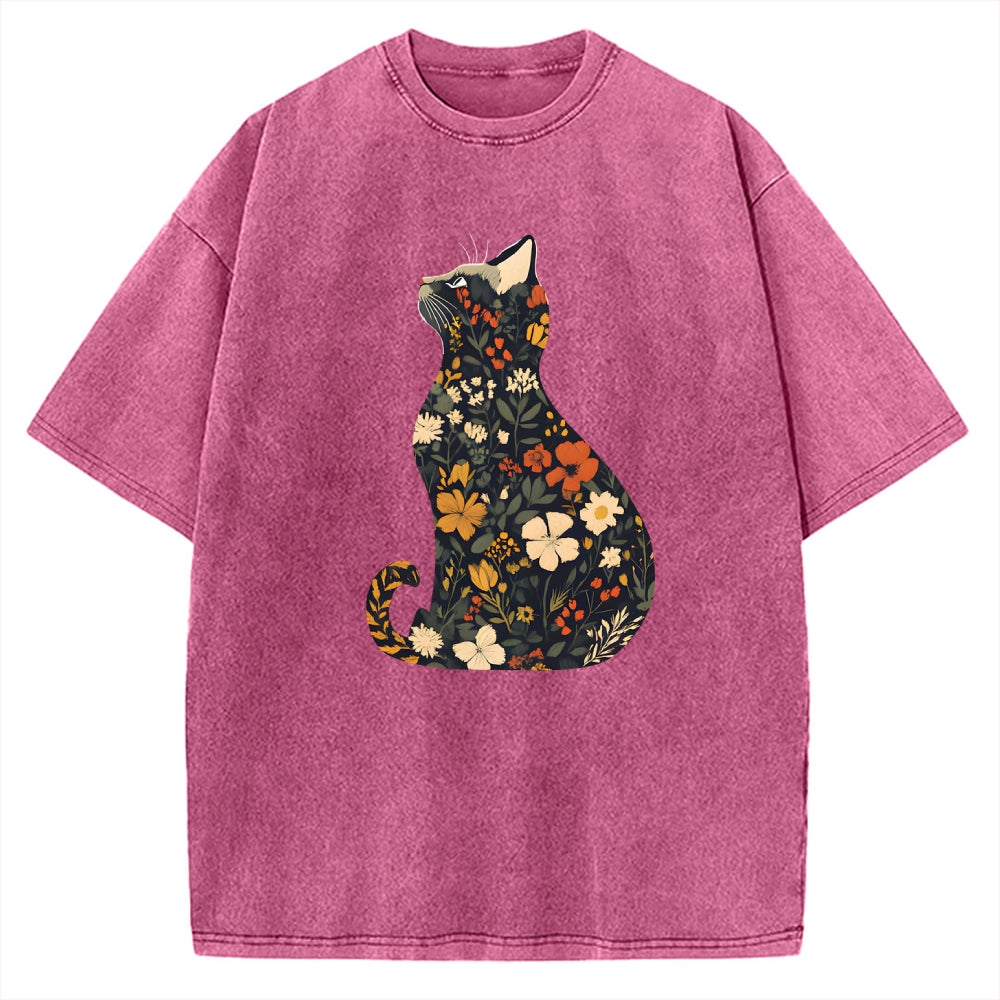 Unisex Flower Cat Printed Washed Tee