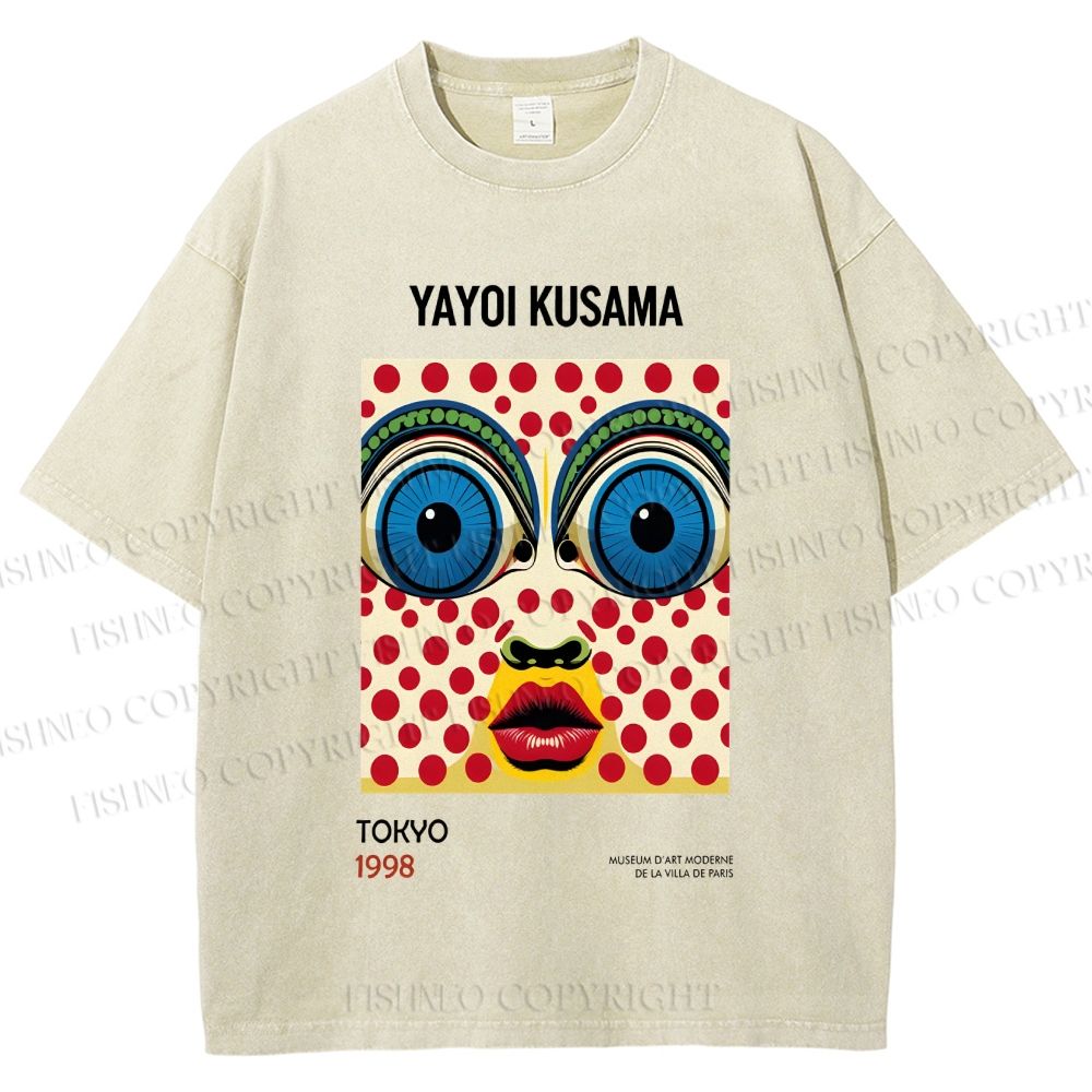 Unisex Yayoi Kusama Abstract Polka Dot Face Printed Washed Tee
