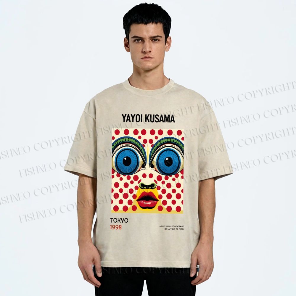 Unisex Yayoi Kusama Abstract Polka Dot Face Printed Washed Tee