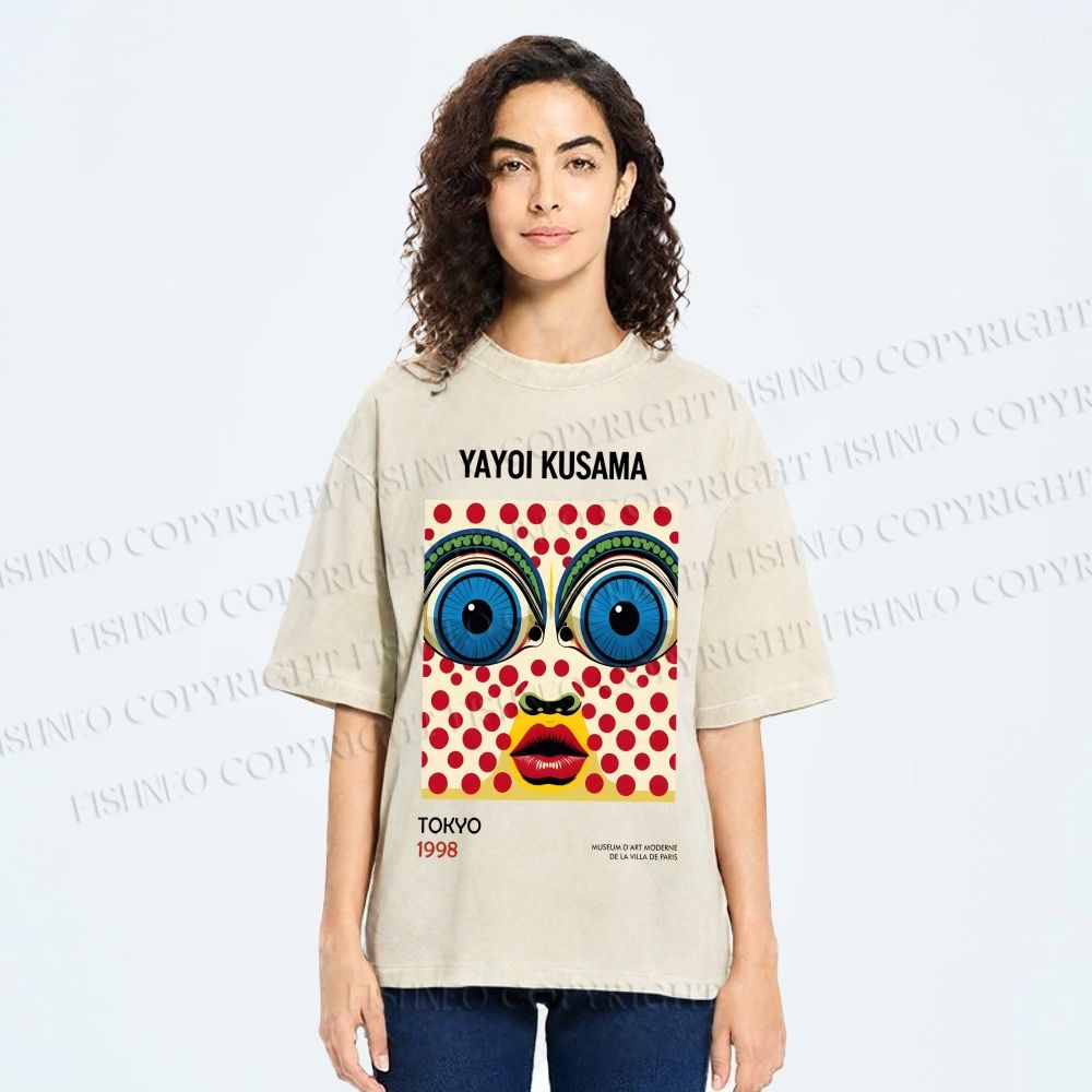 Unisex Yayoi Kusama Abstract Polka Dot Face Printed Washed Tee