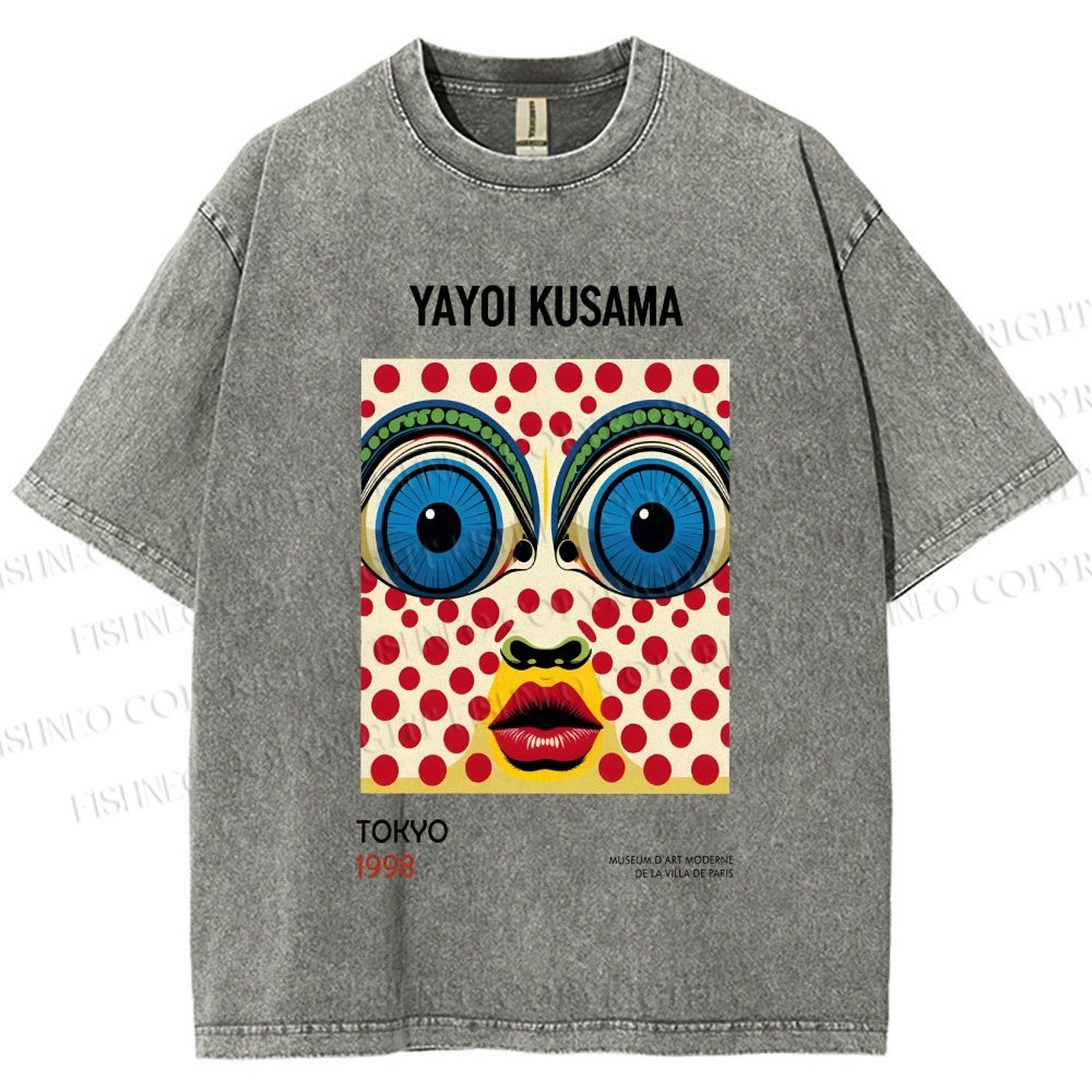 Unisex Yayoi Kusama Abstract Polka Dot Face Printed Washed Tee