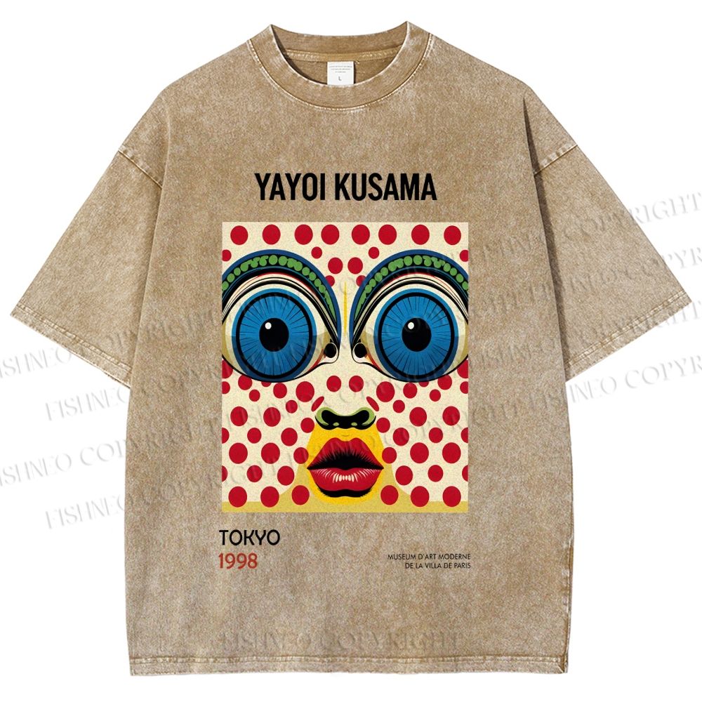 Unisex Yayoi Kusama Abstract Polka Dot Face Printed Washed Tee