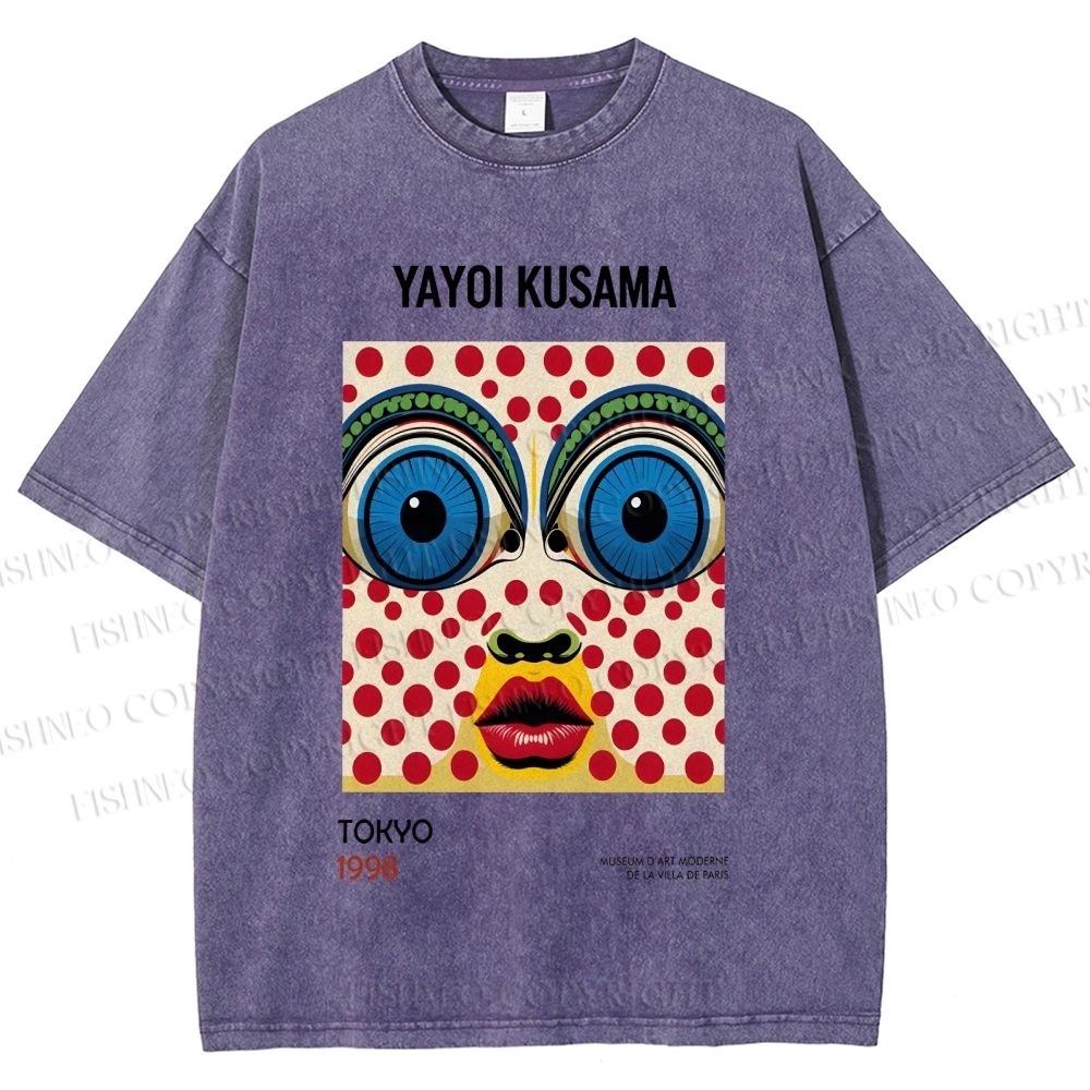 Unisex Yayoi Kusama Abstract Polka Dot Face Printed Washed Tee
