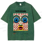 Unisex Yayoi Kusama Abstract Polka Dot Face Printed Washed Tee