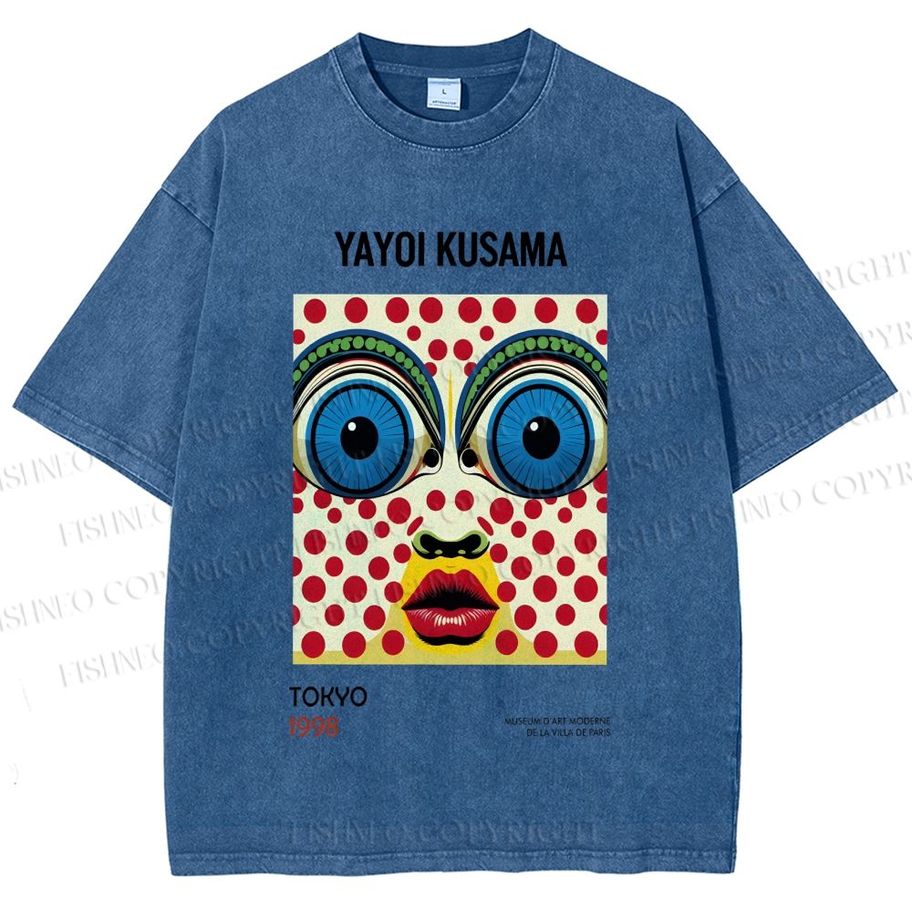 Unisex Yayoi Kusama Abstract Polka Dot Face Printed Washed Tee