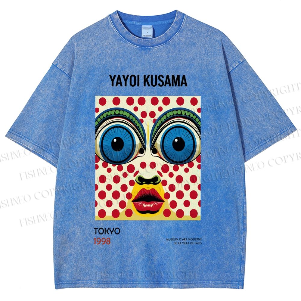 Unisex Yayoi Kusama Abstract Polka Dot Face Printed Washed Tee