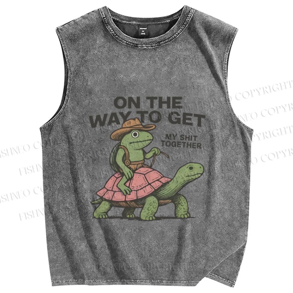 Unisex Frog on the Way to Get my Shit Together Printed Washed Tank Top