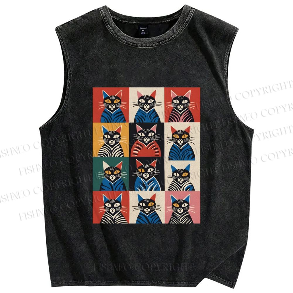 Unisex Pop Cat Printed Washed Tank Top