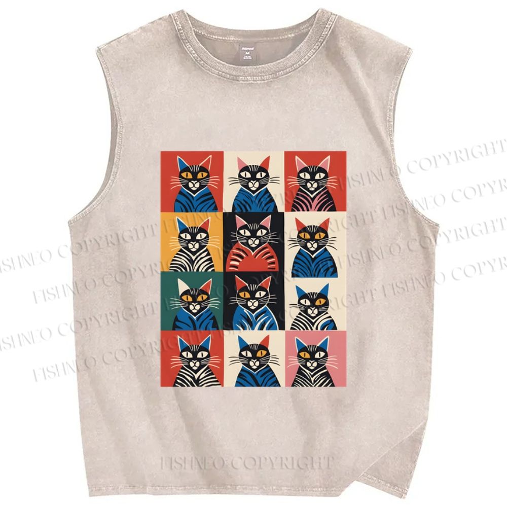 Unisex Pop Cat Printed Washed Tank Top