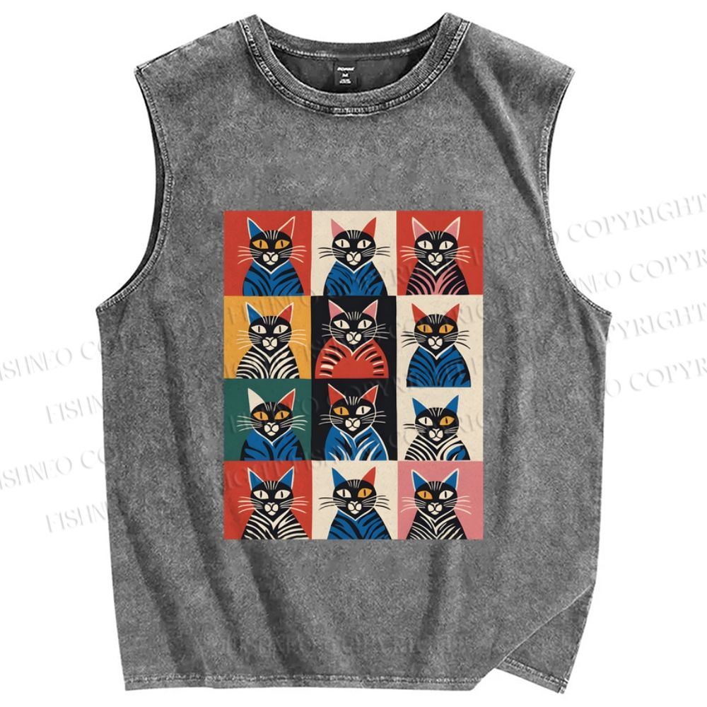 Unisex Pop Cat Printed Washed Tank Top