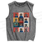 Unisex Pop Cat Printed Washed Tank Top