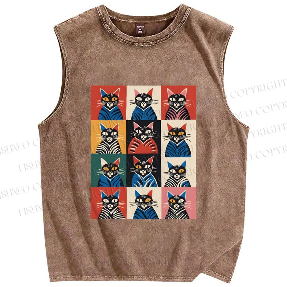Unisex Pop Cat Printed Washed Tank Top