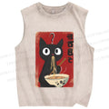 Unisex Ramen Black Cat Printed Washed Tank Top