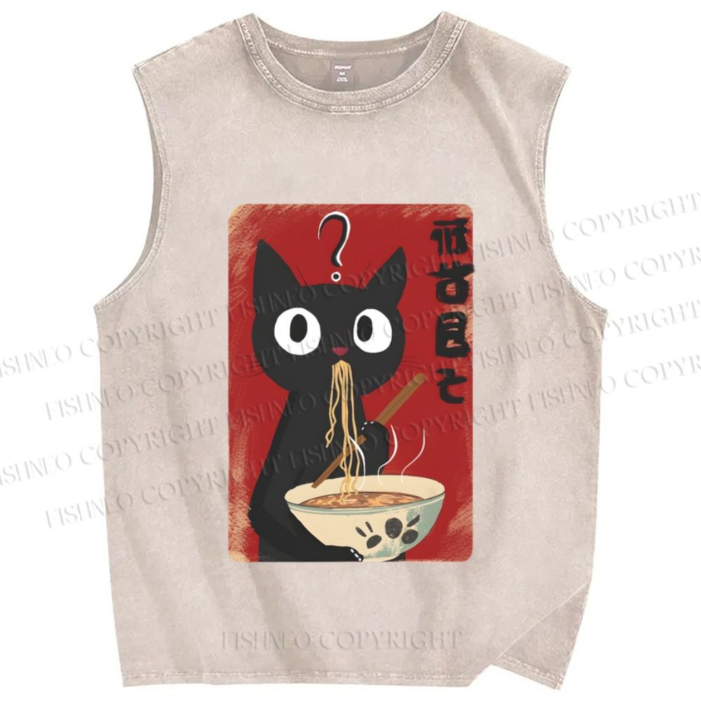 Unisex Ramen Black Cat Printed Washed Tank Top