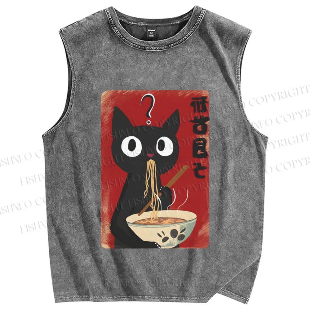 Unisex Ramen Black Cat Printed Washed Tank Top