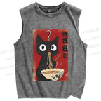 Unisex Ramen Black Cat Printed Washed Tank Top