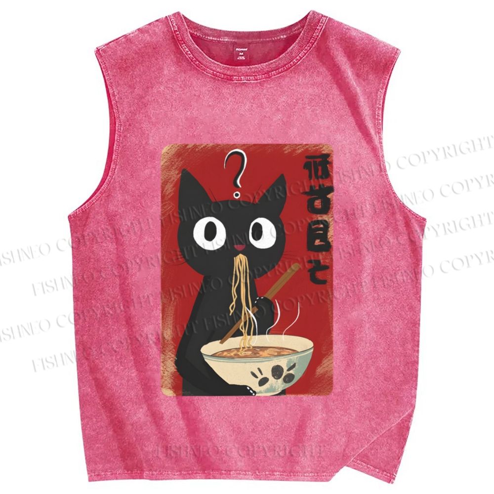 Unisex Ramen Black Cat Printed Washed Tank Top