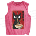 Unisex Ramen Black Cat Printed Washed Tank Top