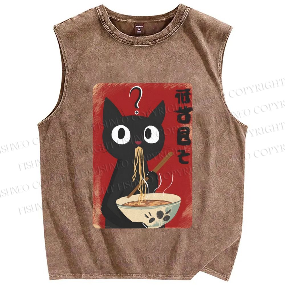 Unisex Ramen Black Cat Printed Washed Tank Top