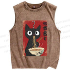 Unisex Ramen Black Cat Printed Washed Tank Top
