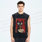 Unisex Ramen Black Cat Printed Washed Tank Top