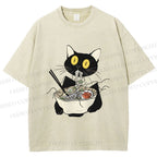 Unisex Funny Black Cat Having Ramen Printed Washed Tee