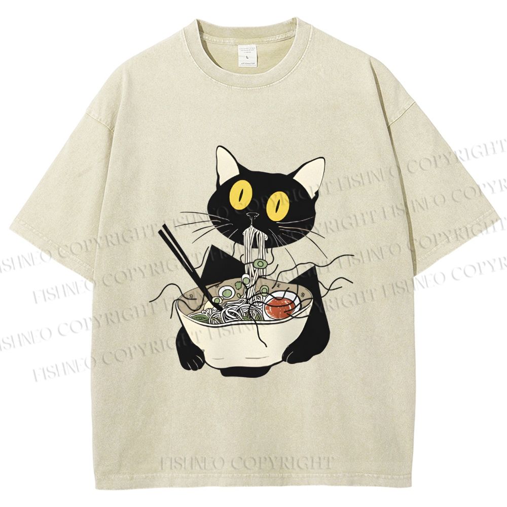 Unisex Funny Black Cat Having Ramen Printed Washed Tee