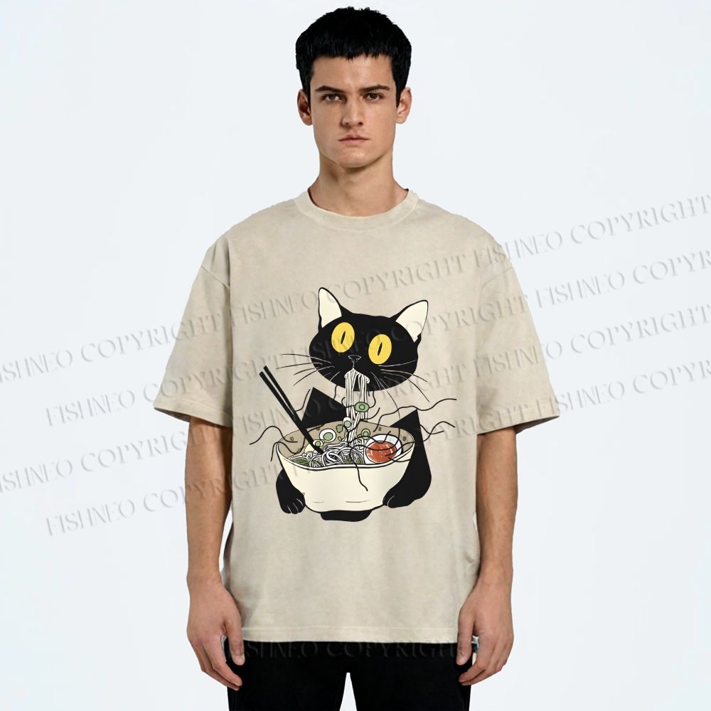 Unisex Funny Black Cat Having Ramen Printed Washed Tee