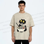 Unisex Funny Black Cat Having Ramen Printed Washed Tee