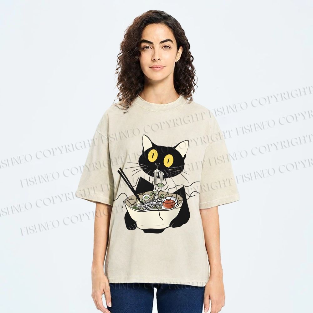 Unisex Funny Black Cat Having Ramen Printed Washed Tee