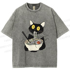 Unisex Funny Black Cat Having Ramen Printed Washed Tee