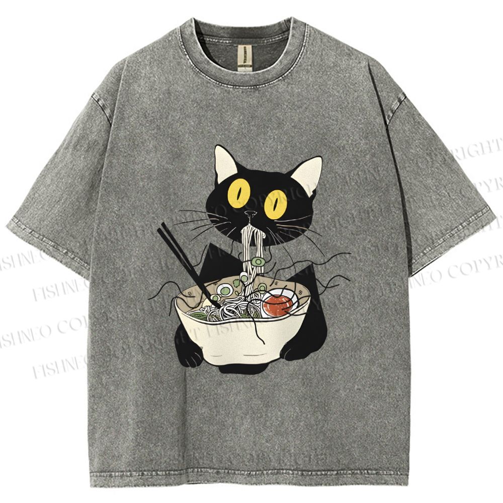Unisex Funny Black Cat Having Ramen Printed Washed Tee