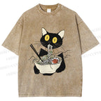 Unisex Funny Black Cat Having Ramen Printed Washed Tee