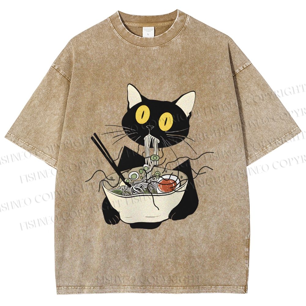 Unisex Funny Black Cat Having Ramen Printed Washed Tee