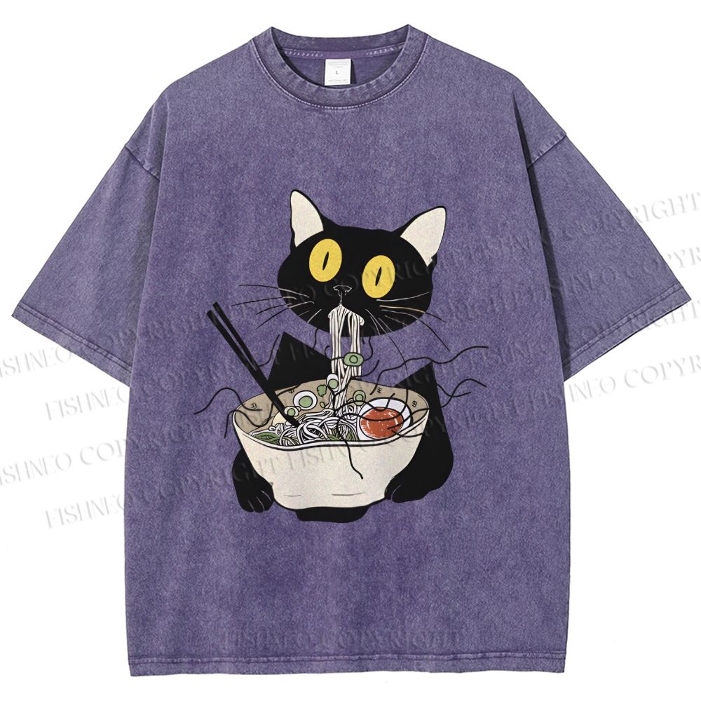 Unisex Funny Black Cat Having Ramen Printed Washed Tee