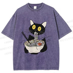 Unisex Funny Black Cat Having Ramen Printed Washed Tee