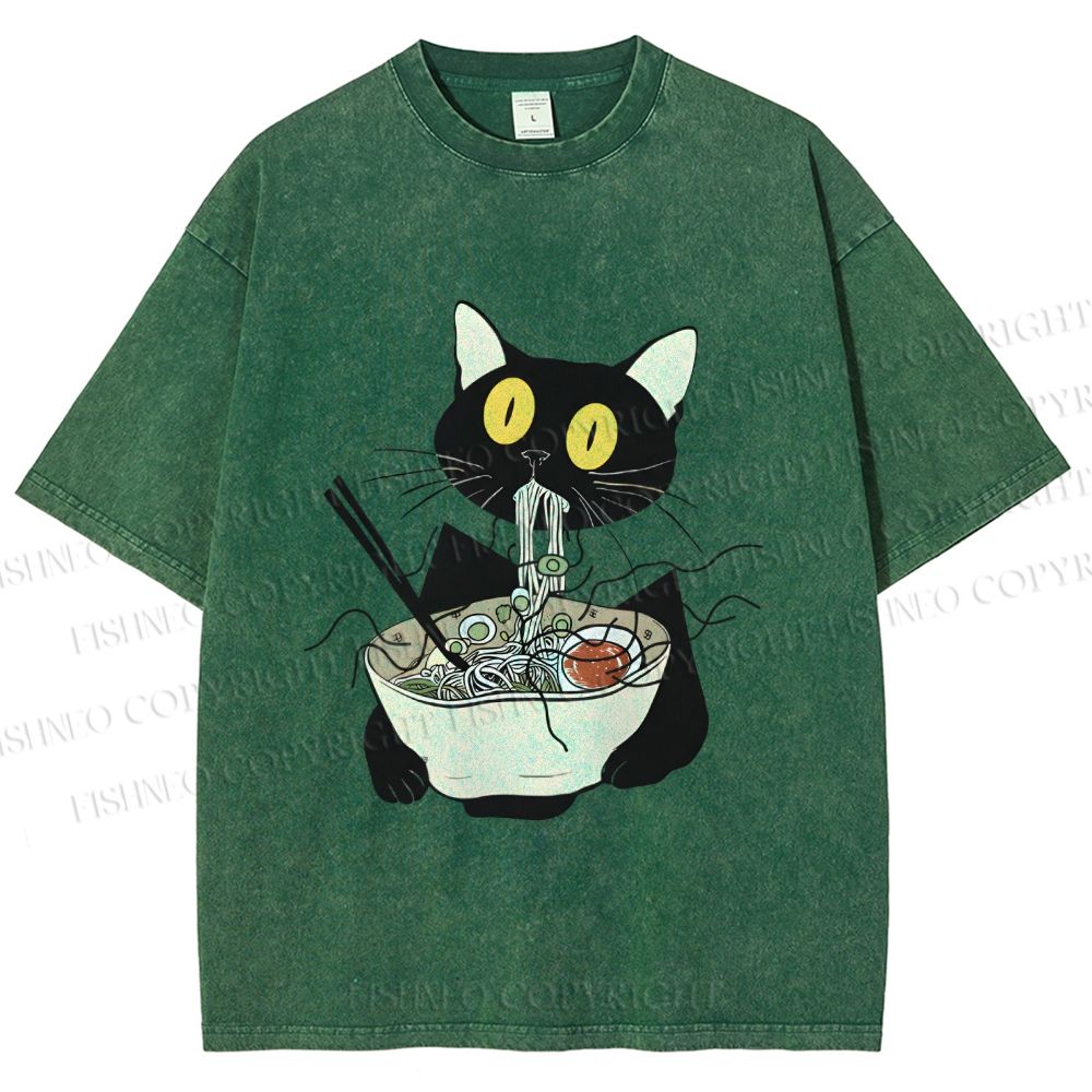 Unisex Funny Black Cat Having Ramen Printed Washed Tee