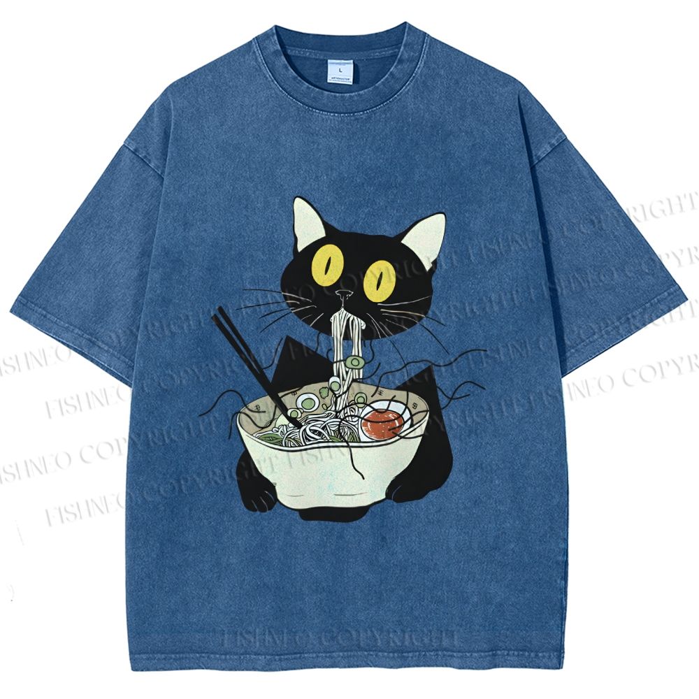 Unisex Funny Black Cat Having Ramen Printed Washed Tee