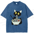 Unisex Funny Black Cat Having Ramen Printed Washed Tee