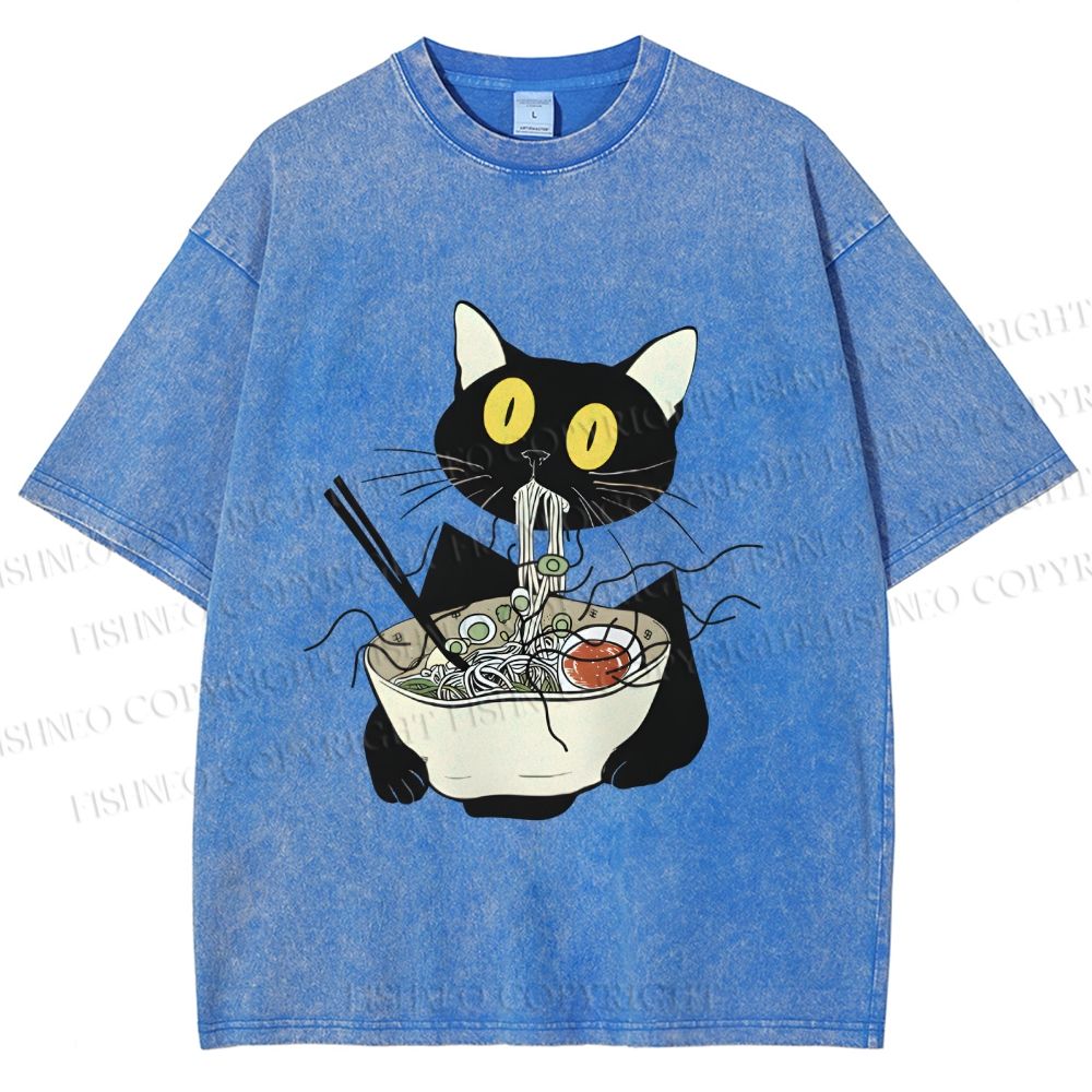 Unisex Funny Black Cat Having Ramen Printed Washed Tee