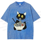 Unisex Funny Black Cat Having Ramen Printed Washed Tee