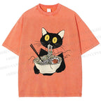 Unisex Funny Black Cat Having Ramen Printed Washed Tee