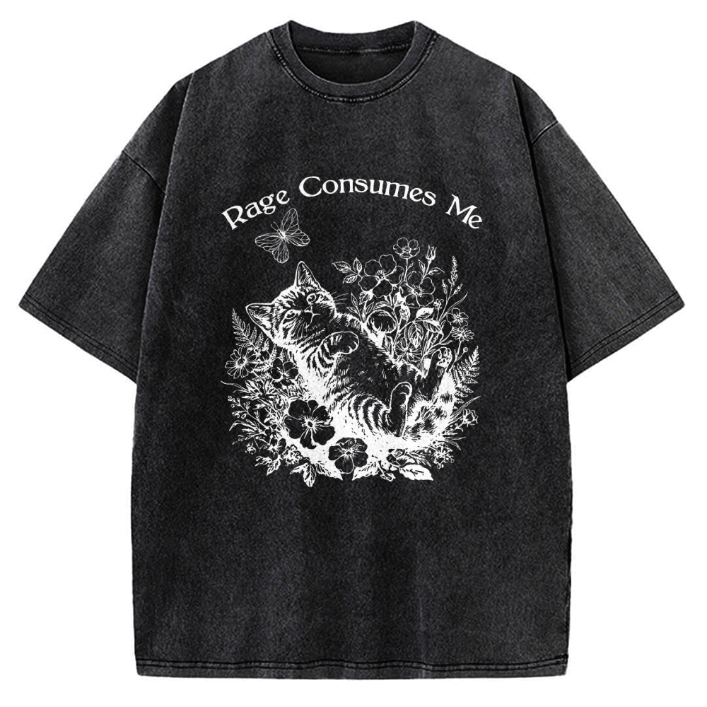 Unisex Rage Consumes Me Cute Cat Printed Washed Tee