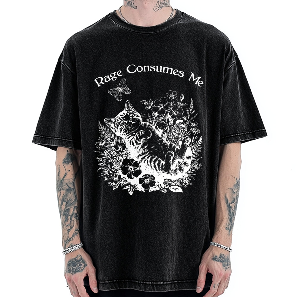 Unisex Rage Consumes Me Cute Cat Printed Washed Tee