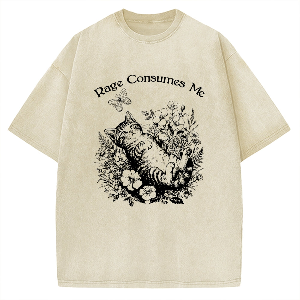 Unisex Rage Consumes Me Cute Cat Printed Washed Tee