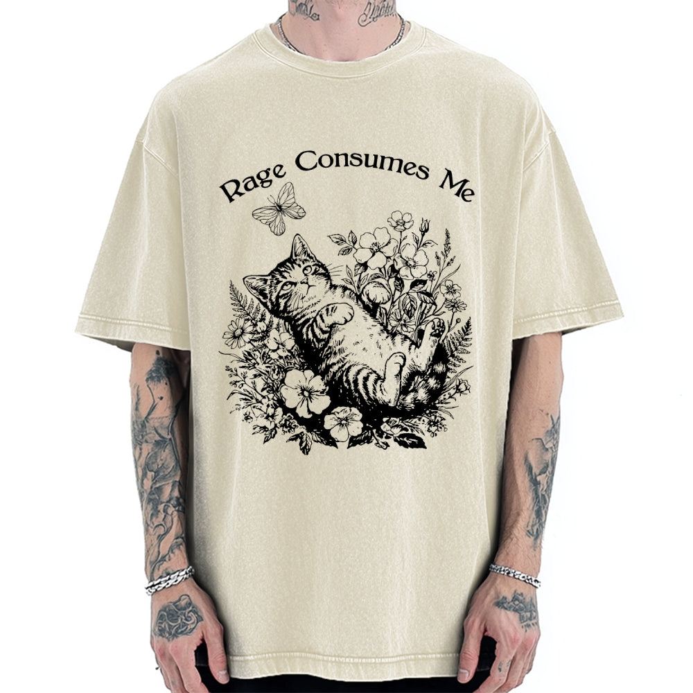 Unisex Rage Consumes Me Cute Cat Printed Washed Tee