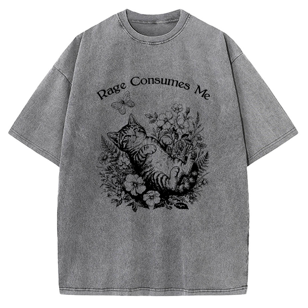Unisex Rage Consumes Me Cute Cat Printed Washed Tee